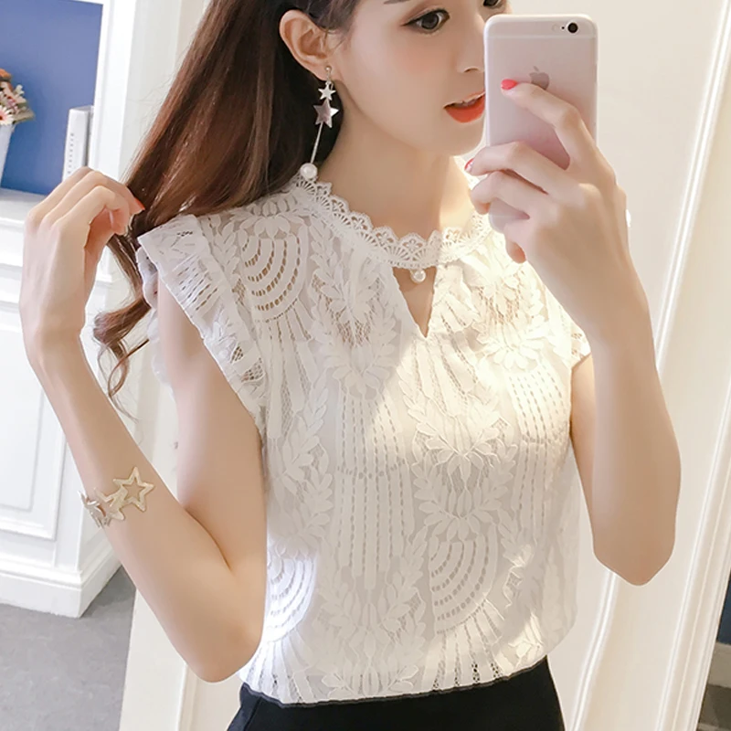 Женская кружевная блузка 2020 H белая ажурная с круглым вырезом и цветочным принтом