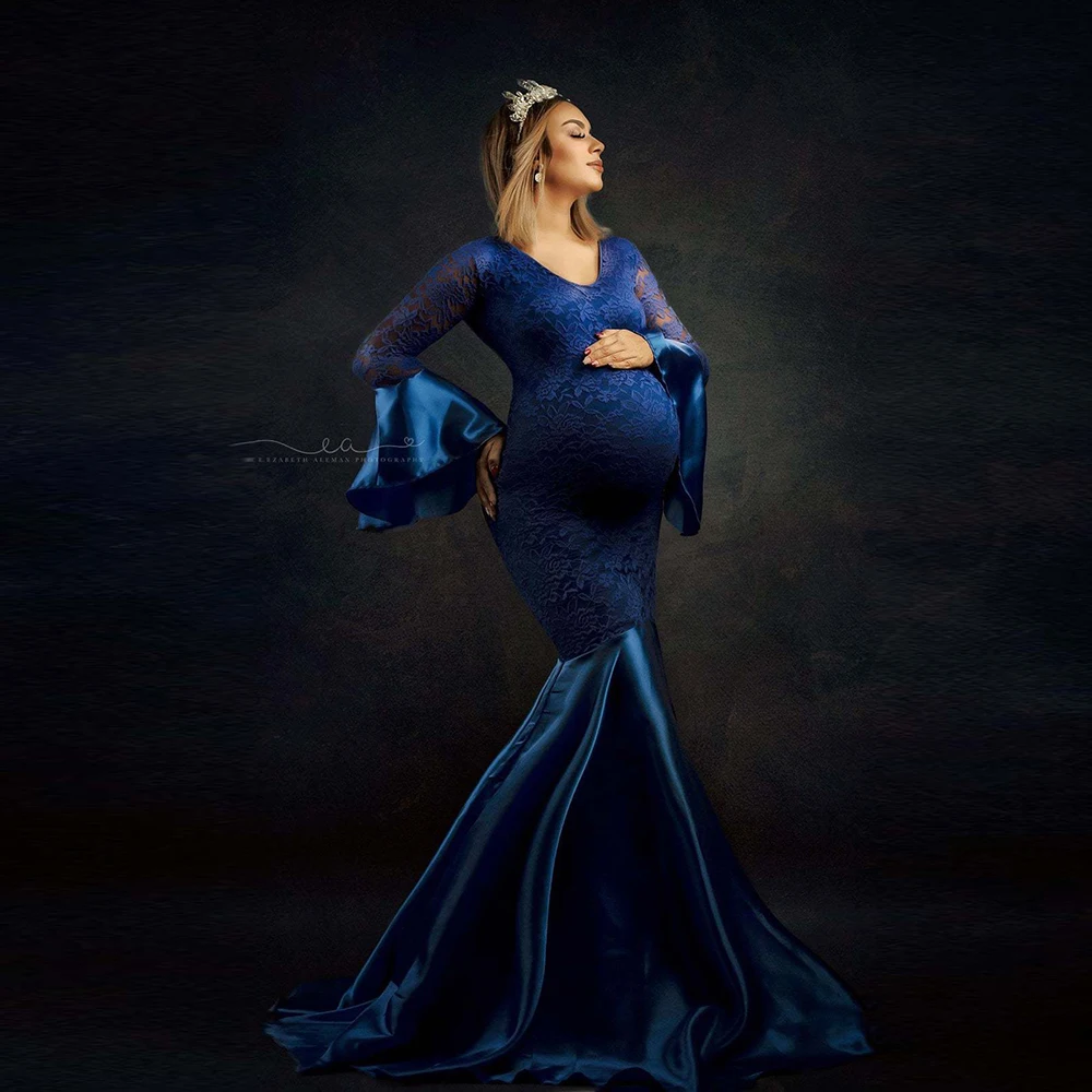 Maternity Dresses for Photo Shoot Blue Ruffles Evening Round Neck Sleeve Lace Stitched Fishtail Skirt Longuette  Vestidos enlarge