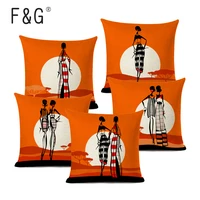 orange color african style black women cushion cover fashion african girl home art decoration sofa pillowcase linen pillow cover