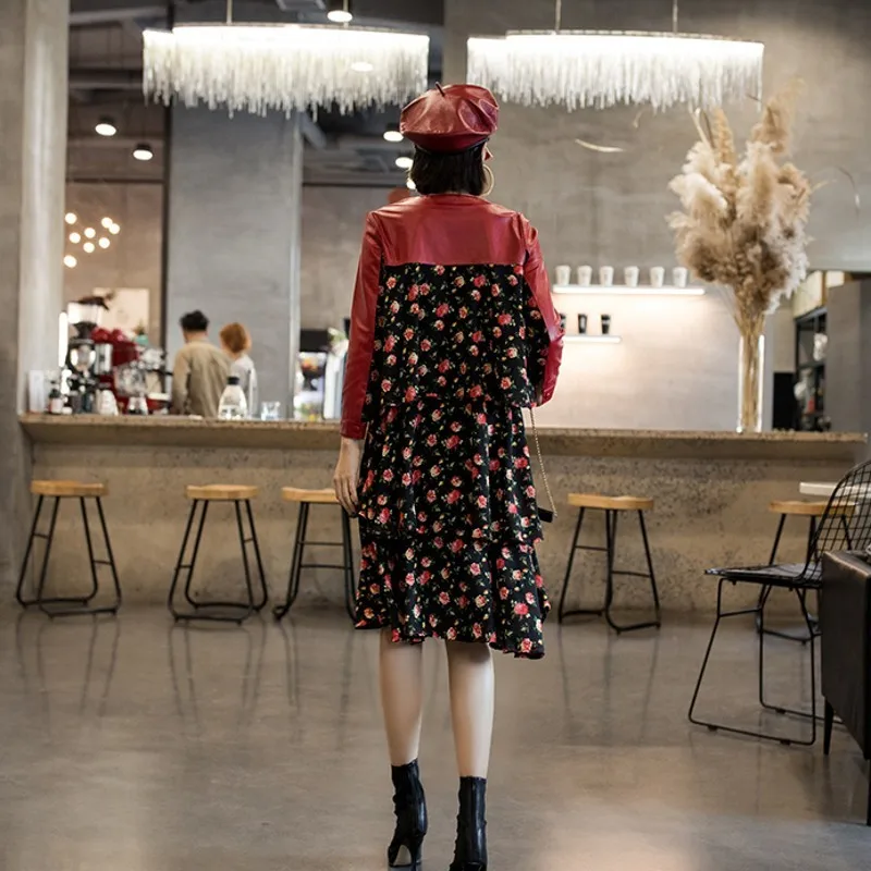Genuine Leather Patchwork Chiffon Floral Dress Women Spring New Vintage Red Midi Dresses Elegant O-Neck Ruffles Party Vestidos | Женская