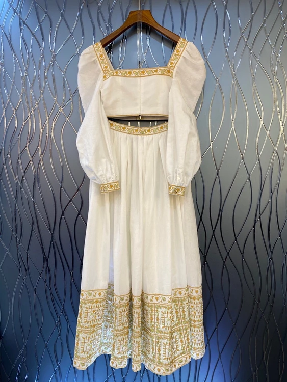 Spring 2021 new women's fashion square collar color matching decorative short top + long skirt 2-piece set 305