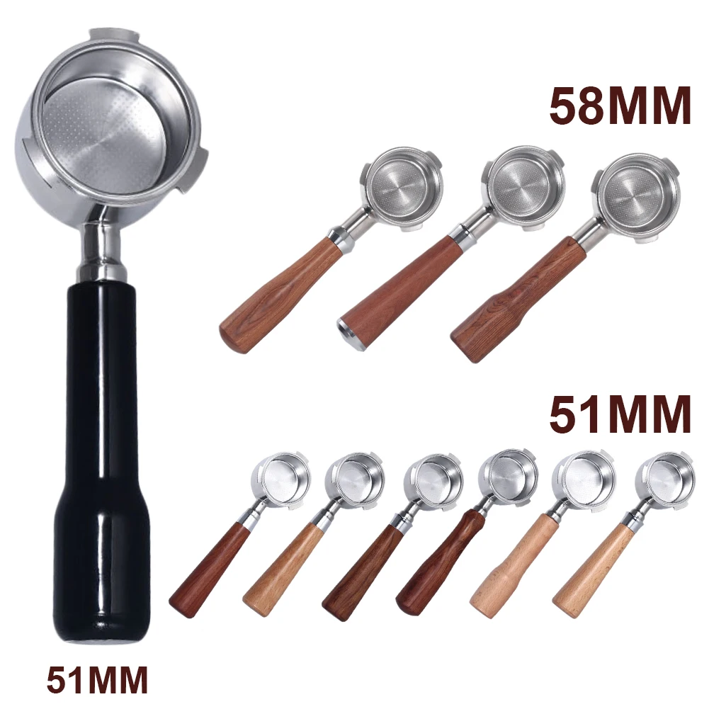 

51/58MM Stainless Steel Double Ear Coffee Machine Handle Bottomless Filter Portafilter Universal Wooden Espresso Coffee Tools