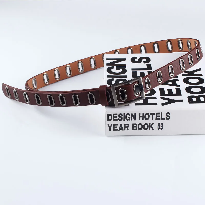 

Korean 2.3cm Wide Grommet PU Leather Women Belt Eyelet Square Alloy Pin Buckle Female Waistband Jeans Belts