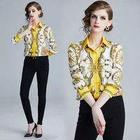 gold blouse women button up chemise femme long sleeve casual blusas mujer de moda turn down collar camisas de mujer flower print