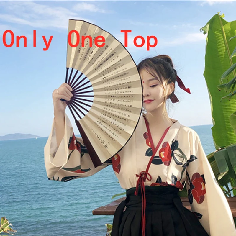One Top Японский стиль, женское кимоно, летняя мода, цветочный рисунок, Haori, для девочек, 2 шт., топ и юбка, наряды, полный рукав, японское платье для женщин - Цвет: One Top