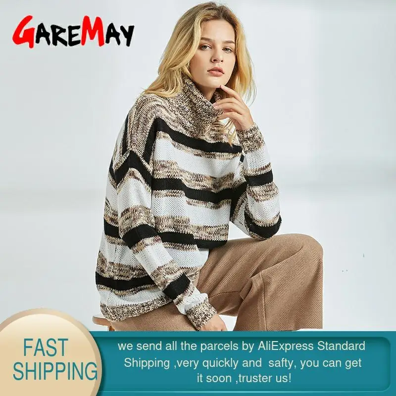 Женский свитер с длинным рукавом и высоким воротником свободный в полоску