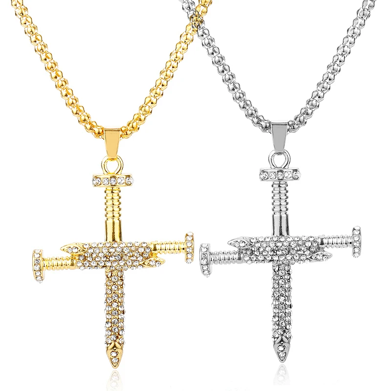 

Fashion Rhinestones Crystal Nail Cross Necklace Men Women Hip Hop Jewelry Accessories Pendant Necklaces Gift Drop Shipping