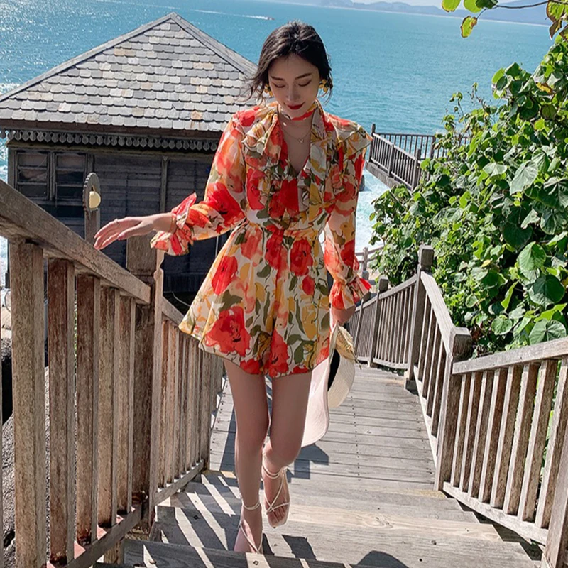 

new arrival fashion korean spring mini dress women casual temperament sweet print chiffon v-neck ruffle belt holiday beach dress