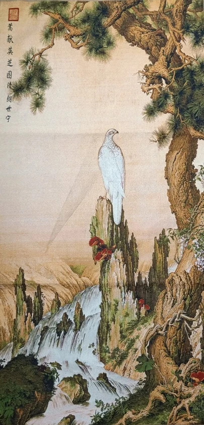 Китайская вышитая ткань 48 дюймов Шелковый белый Орлиный холм водный пейзаж