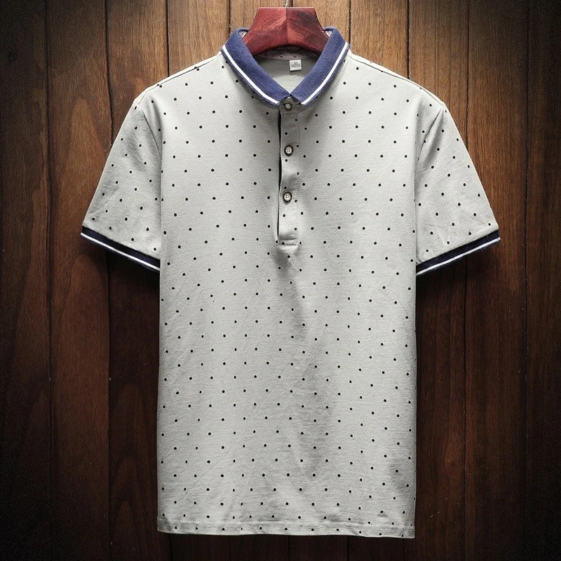 

New Fashion Male Summer Short Sleeve Turn Down Collar Casual T-Shirts Polka Dot Slim Streetwear Mens Tees Top Plus Size M-4XL