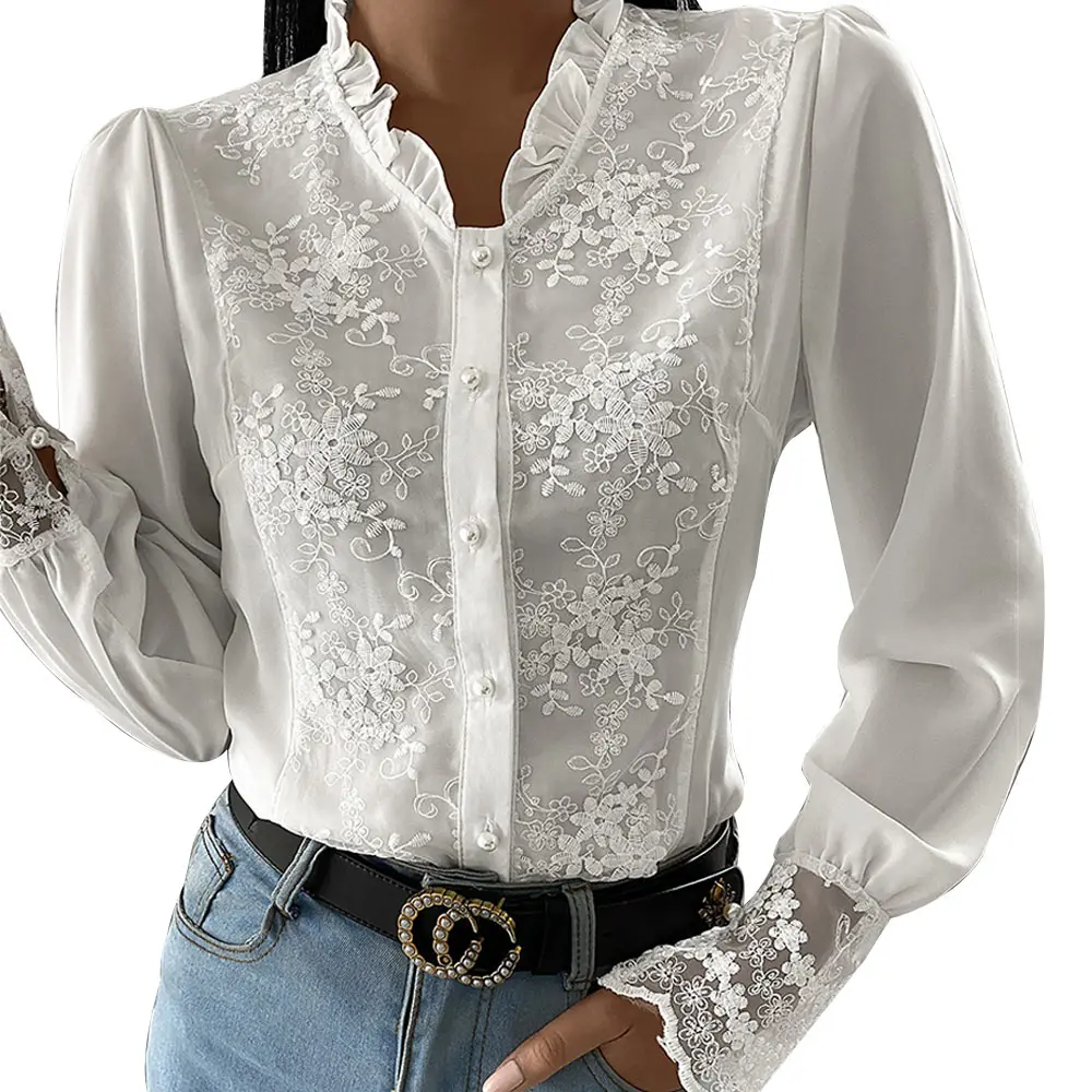 

Ladies Embroidery Lace Shirt 2021 Spring Women Long Sleeve White Blouse Femme Casual Ruffle Patchwork Tops Elegant Women Blouses