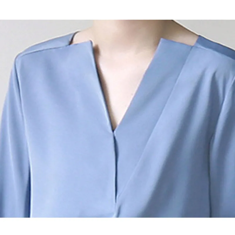 HG V шеи Блузка женская темно-синяя семь четвертей рукав Мода Простой Досуг