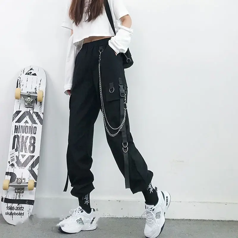 

Cargo Pants Women Chain Harajuku Pants Punk Jogger Gothic Trousers Egirl Emo High Waist Harem Pants Alt Techwear Aesthetic