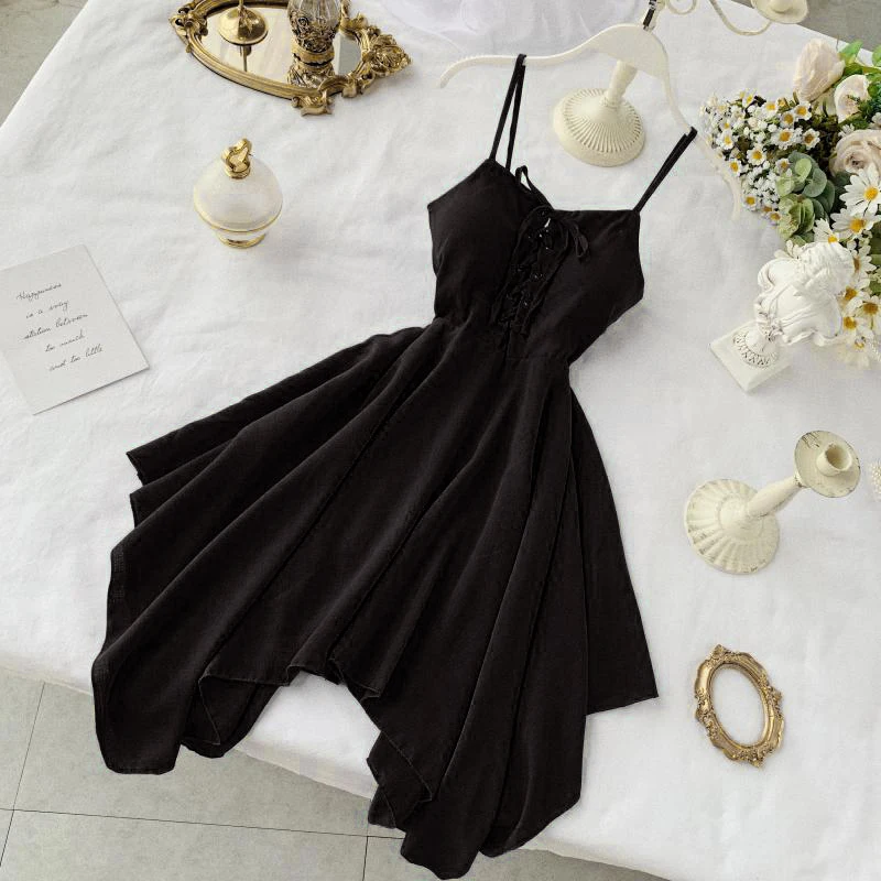 

FMFSSOM 2021 Women Sexy Spaghetti Strap Dresses Summer Female V Neck Sleeveless High Waist Dress Ladys Sash Tie Up Dress