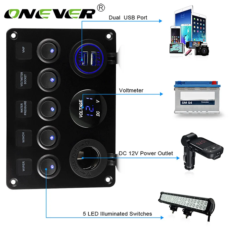 Светодиодная панель тумблер для автомобиля морской лодки цифровой вольтметр 5