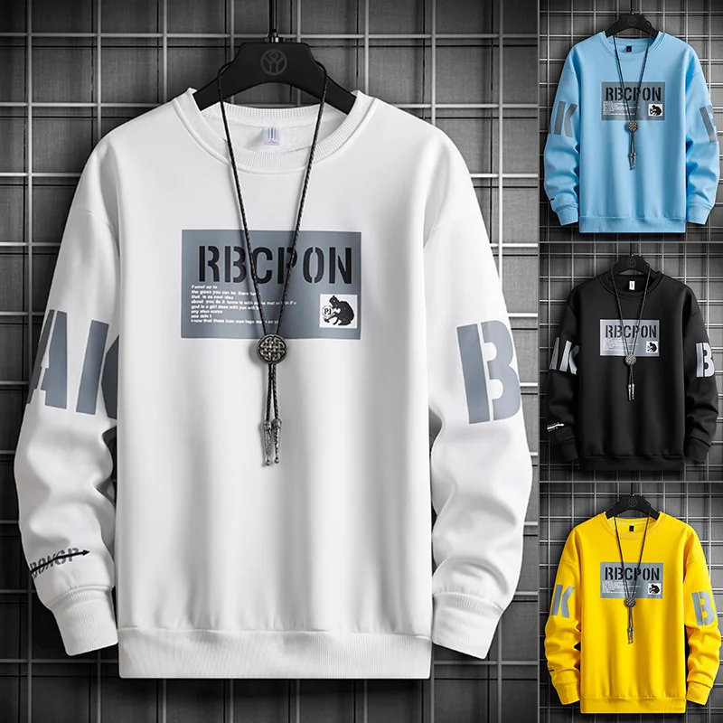 

Autumn Men Hoodie 2021 Fashion Mens Long Sleeve Sweatshirt Hip Hop Printed Letter Male Fall Casual Loose White O-Neck Pullover