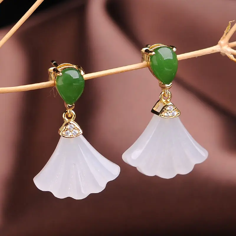 

Natural Hetian Jade Earrings S925 Sterling Silver Generous Earrings Women's Autumn and Winter Retro Fanshaped Eardrops Women's S