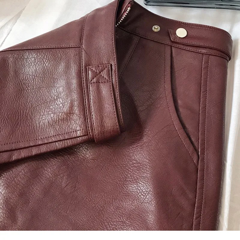 

New Fashion spring European and American style Red Short skirts womens wholesale high waist pocket zipper PU leather skirt