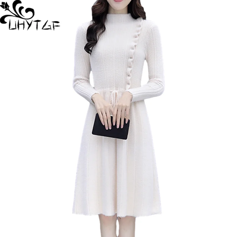 

UHYTGF Knitted Women's Dress New Mink Fleece Autumn Winter Sweater Skirt Long Sleeves O Neck Pullover Casual Female Clothes 1882