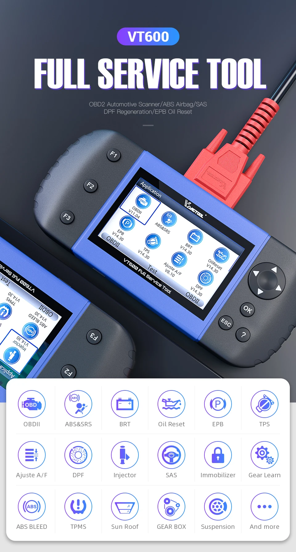 VDIAGTOOL автомобильный диагностический VT600 OBD2 сканер инструмент рабочий бразильский автомобильный двигатель ABS SRS EPB кодирование OBD2 PK NT650 x100 pro crp129E