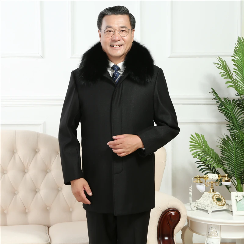 Middle-aged men's fur collar wool coat luxury business Casual thick autumn winter casshmere trench jackets outwear father's gift |