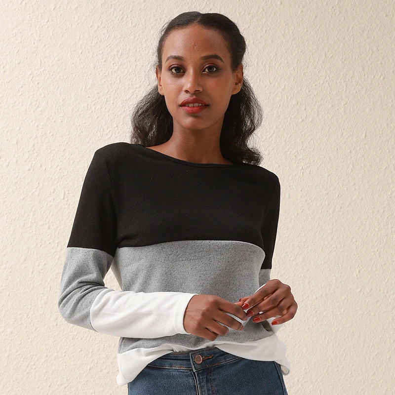 

Long Sleeved Patchwork T Shirt Hot O Collar Rest Printed Casual Loose Top Basic Wild Female T Shirt