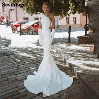 sevintage mermaid wedding dresses one shoulder soft stain with bow bridal dress sleeveless wedding gown vestidos de noiva