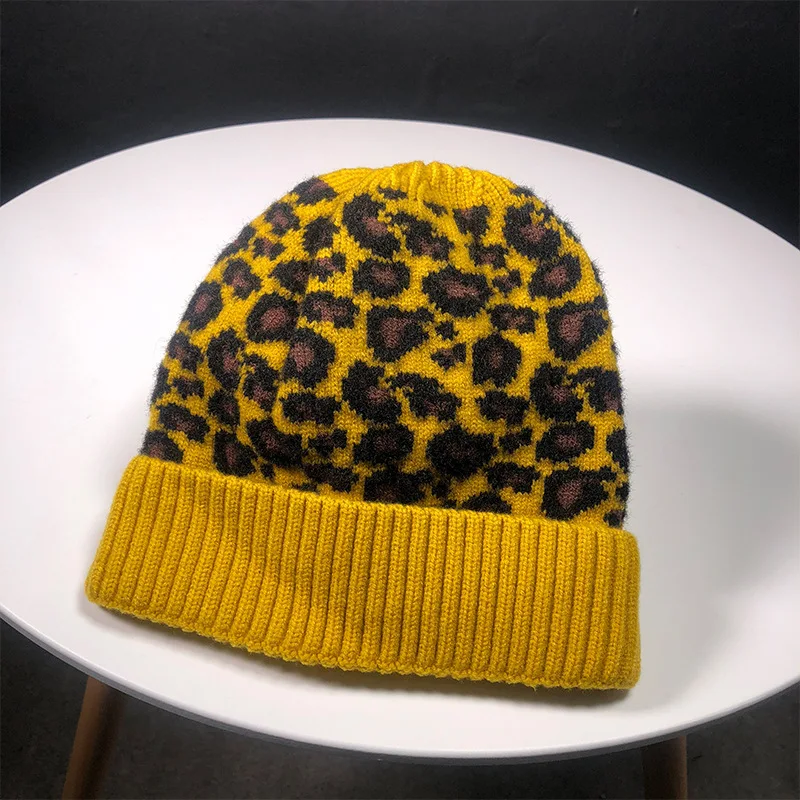 

2019 Fashion Leopard Print Knitted Wool Hemming Hat Women Winter HatsAutumn Keep Warm Female Cap