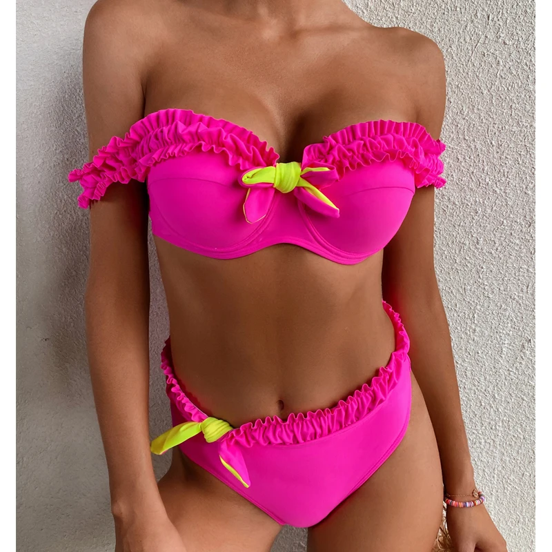 

Mossha Underwired push up bikini set Neon pink swimsuit women Ruffle bandeau swimwear High waist bathing suit Swimming biquini