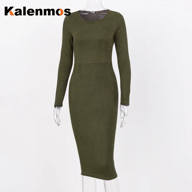 Замшевые Длинные рукава Bodycon Midi платье KALENMOS 2019 Осень Зима Женщины Высокая талия o