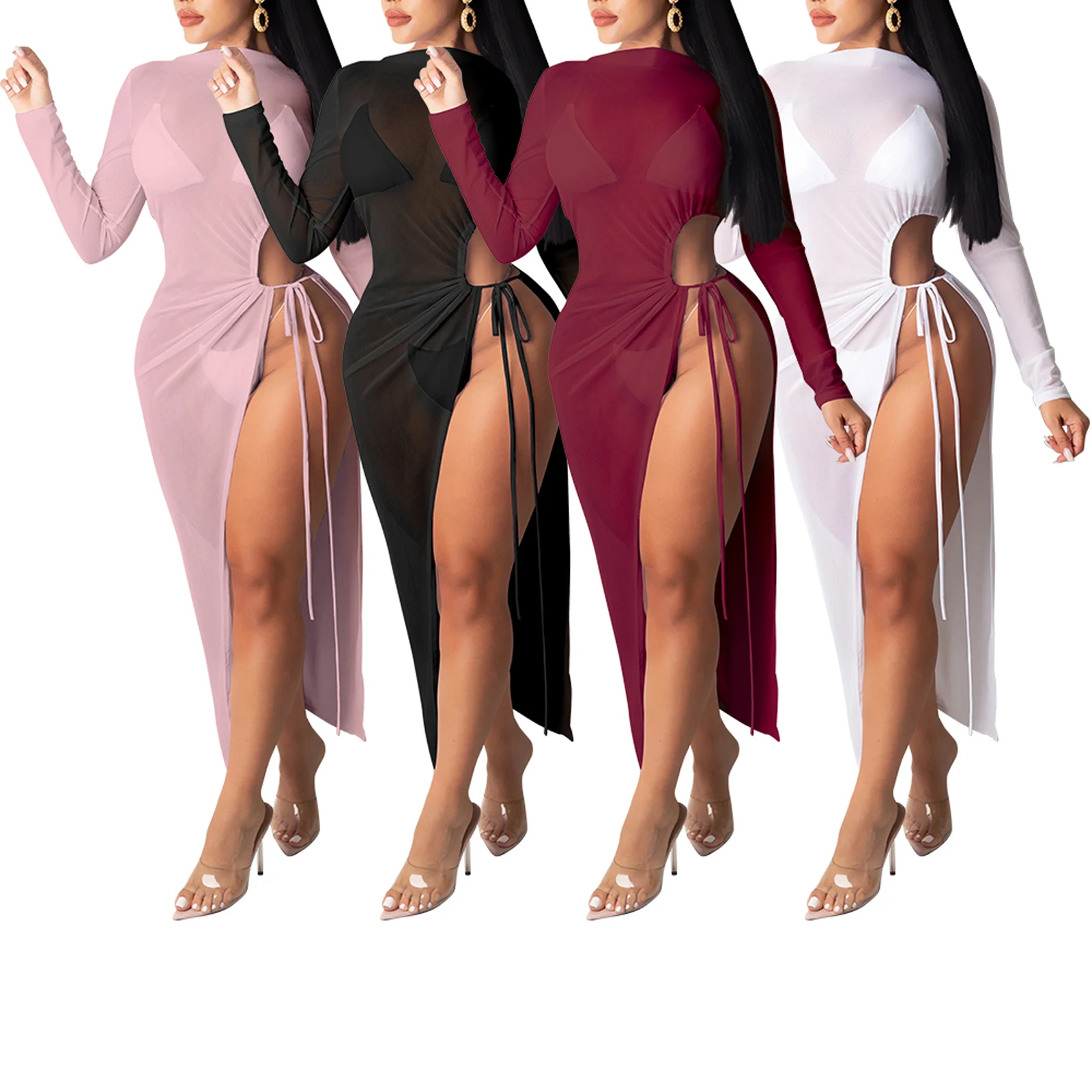 

Women Sexy Sheer Mesh Dress Multi-Color See Through Long Sleeve Tie Knot Cut Out Long Maxi Dress Summer Spring Fall S M L XL