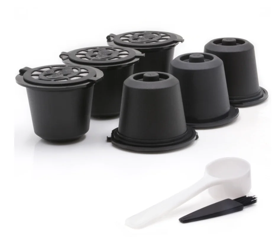

6PCS Reusable Nespresso Coffee Capsules Cup With Spoon Brush Black Refillable Coffee Capsule Refilling Filter Coffeeware Gift