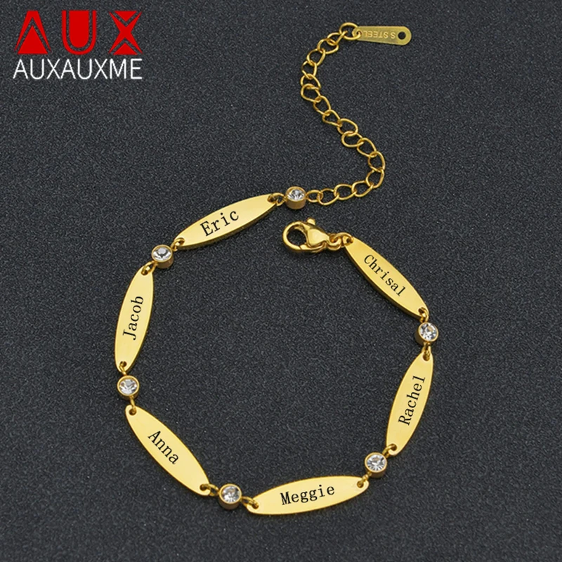 

Auxauxme Customized Oval White Stones Bracelets Stainless Steel Engrave Name Date for Family Birthday Aniversary Jewelry Gifts
