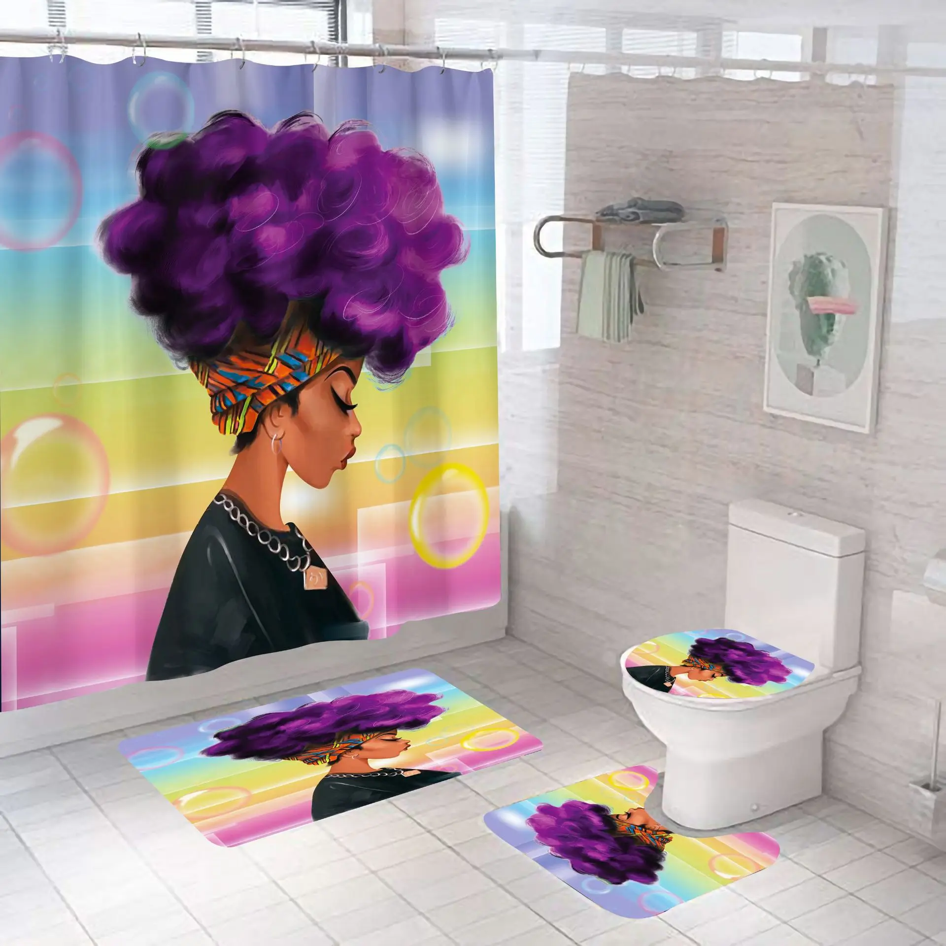 

Purple hair cartoon blowing bubble girl digital printing household bathroom shower curtain polyester shower curtain fabric