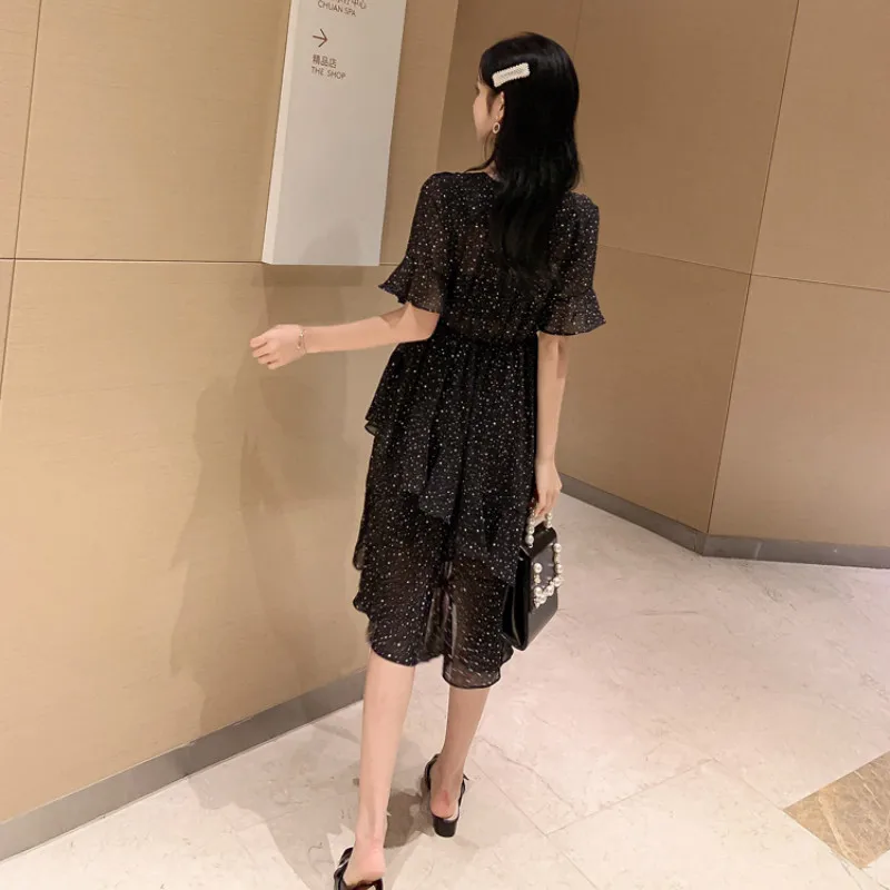 Женское винтажное шифоновое платье с v-образным вырезом коротким рукавом и