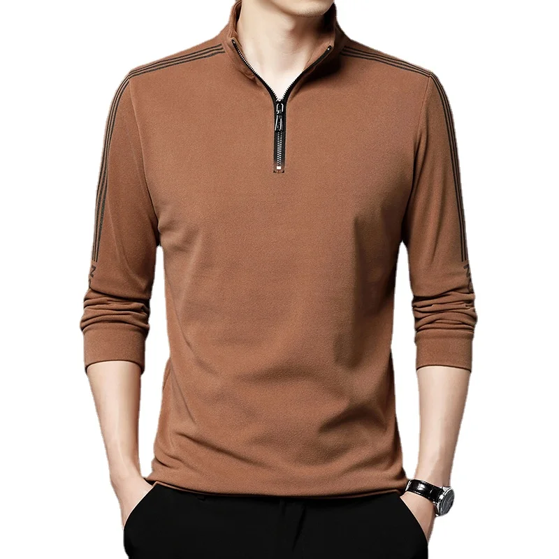

Autumn and winter double-sided cashmere long sleeve sweater men's solid color semi zipper stand collar men's T-shirt