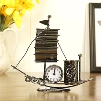 creative sailboat shaped pen holder with clock office pencil box desk organizer stand case stationery home desktop decoration