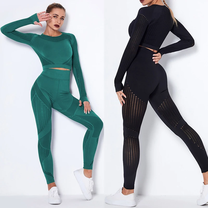 

Women Clothing Yoga Gym Sets Seamless Fitness Hip Lift High Waist Leggings Suit Shockproof Sportswear Long Sleeve Sports Set