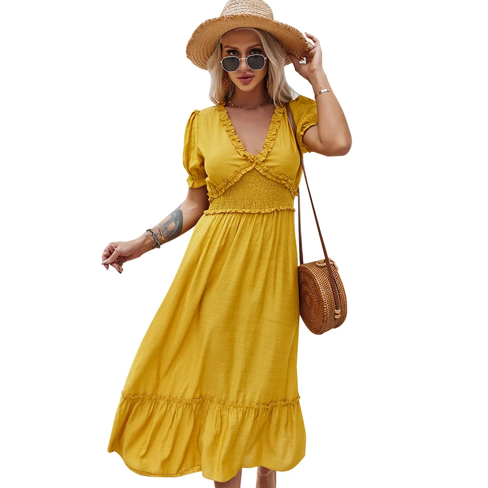 

2021 Woman Summer New Dress V-neck Short Sleeve Solid Fashion Splicing Women Long Dress
