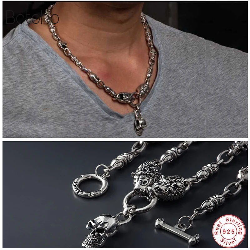 Ожерелье с Львом серебряная цепочка и кулон в виде черепа серебро 100% пробы