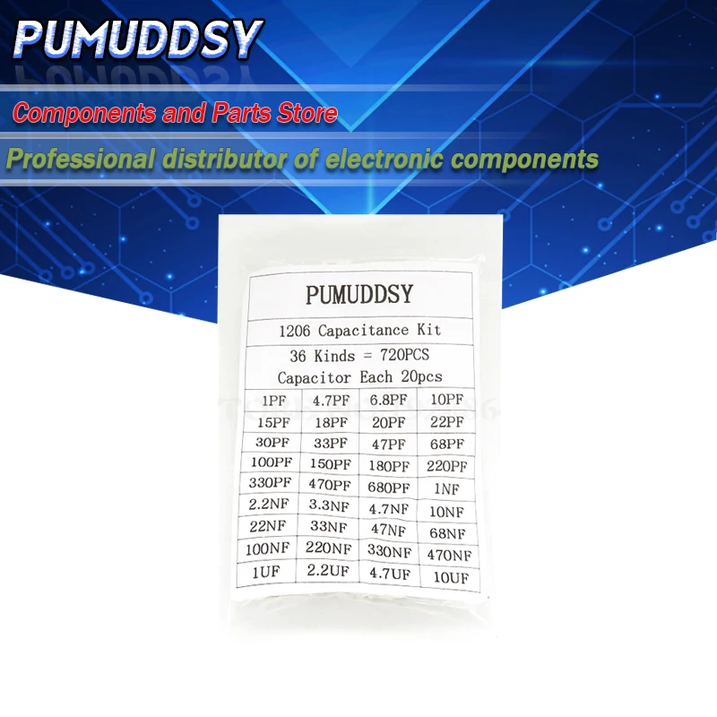 1206 SMD конденсатор Ассорти Комплект 36 значений * 20 шт = 7 1пф ~ 10 мкФ Образцы