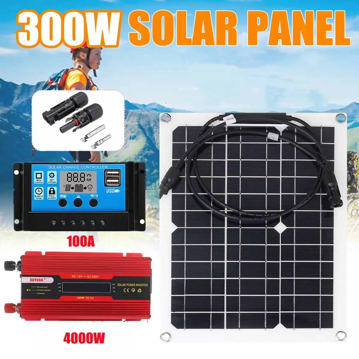 

4000W Solar Power System 220V/110V Inverter Kit 300W Solar Panel Battery Charger Complete Controller Home Grid Camp Phone