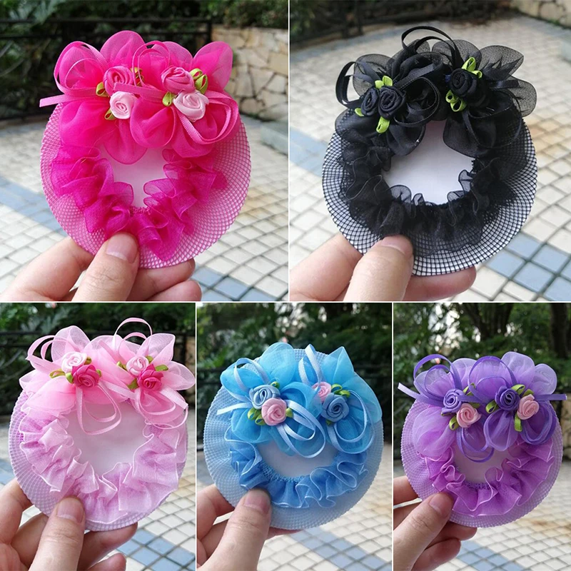 

Fashion Cute Flower Girls Bun Hair Nets Adjustable Kids Ballet Dance Grade Examination Elastic Hair-net Headwear Baby Girls --