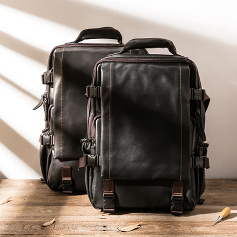 

AETOO Leather tide brand Hong Kong style backpack male large-capacity leather college student computer travel bag wild student b