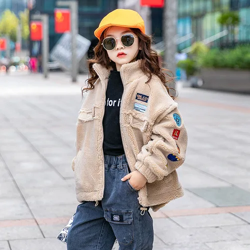 Girls Yangqi lambskin coat autumn and winter new children's girls plus velvet thickening fur coat - Цвет: CAMEL