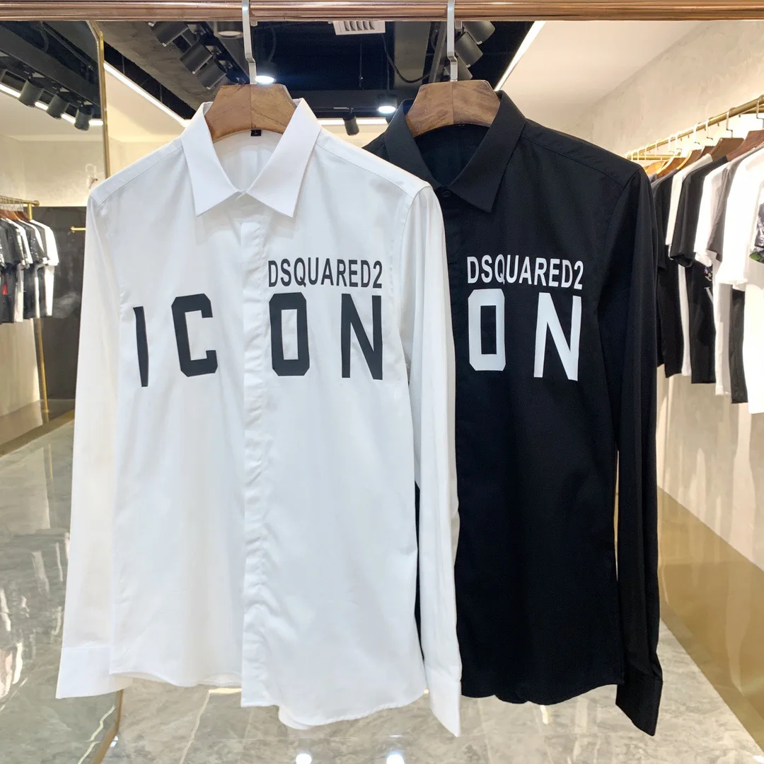 

New Men dsquared2 Shirt Spring Long Sleeve icon Print Social Dress Causal Button Slim fit Shirt Men Brand Clothing blouse Camis