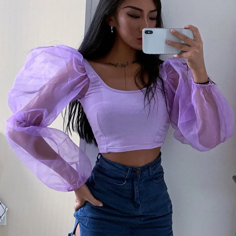 Fasgion Female T-shirt Vintage T Shirt Women Solid Color Mesh Stitching Short Streetwear Tops Long Sleeve | Женская одежда