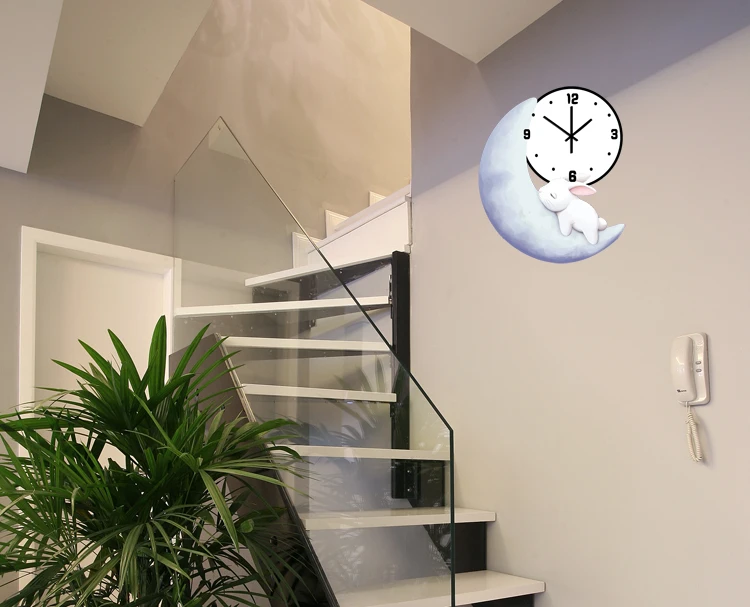 

Creative Cartoon Wall Clock Art Modern Design Colorful Moon Wooden Rabbit Cute Wall Clock Kids Wandklok Living Room DE50WC