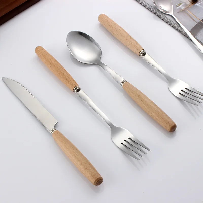 Набор столовой посуды из нержавеющей стали с деревянной ручкой нож вилка ложка