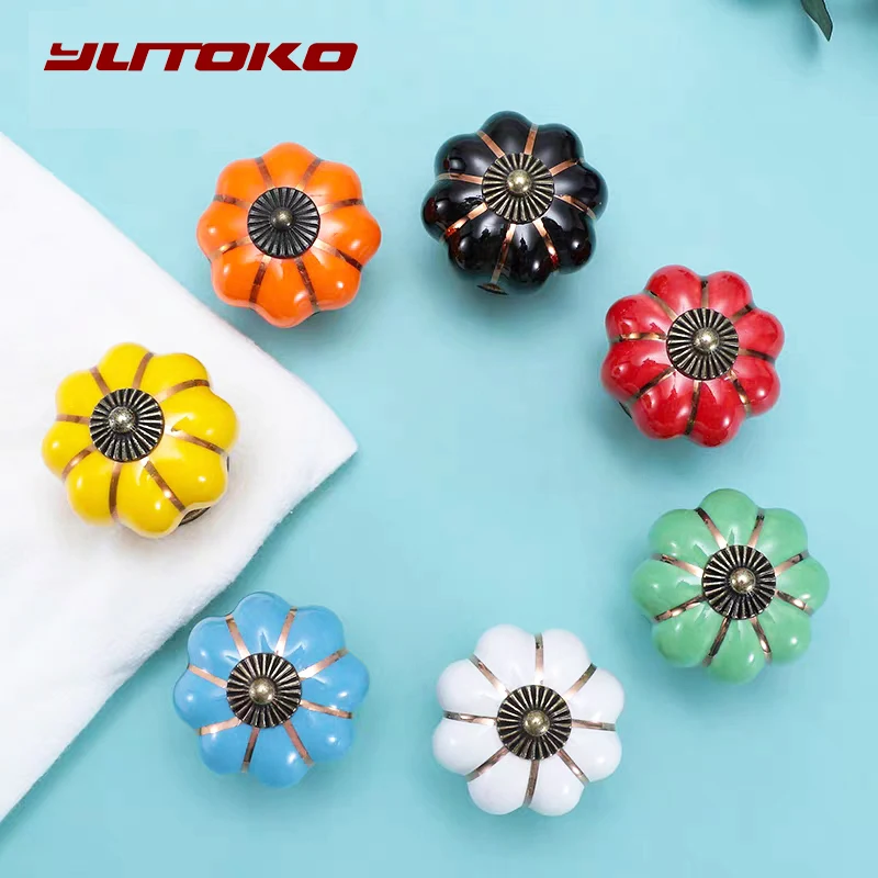 

YUKOTO Cabinet Knobs Colorful Ceramic 40mm Pumpkin Handle Single Hole Cabinet Handle with screw Furniture Handle